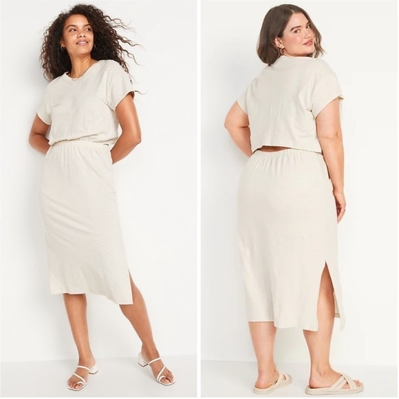 NWT Old Navy Waist Defined cutout-Back Slub-Knit Midi dress large tall beige - Picture 1 of 9